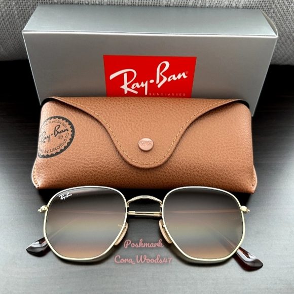 RayBan Hexagonal Gradient Brown Lenses RB3548N Gold Frame Unisex New - Picture 3 of 17